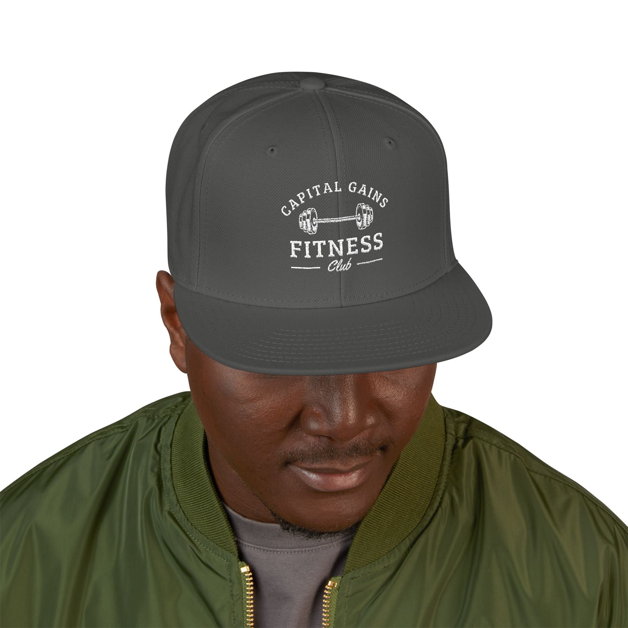 Capital Gains Club — Embroidered Fitness Snapback Hat — Vintage ‘Fitness’ Logo Cap