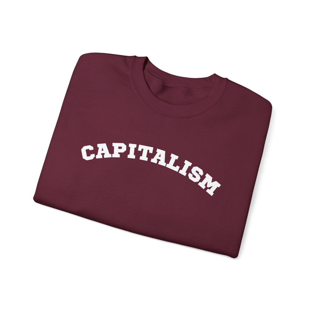 Capitalism Arch Crewneck Sweatshirt — Black Graphic Pullover with Money Bag Sleeve