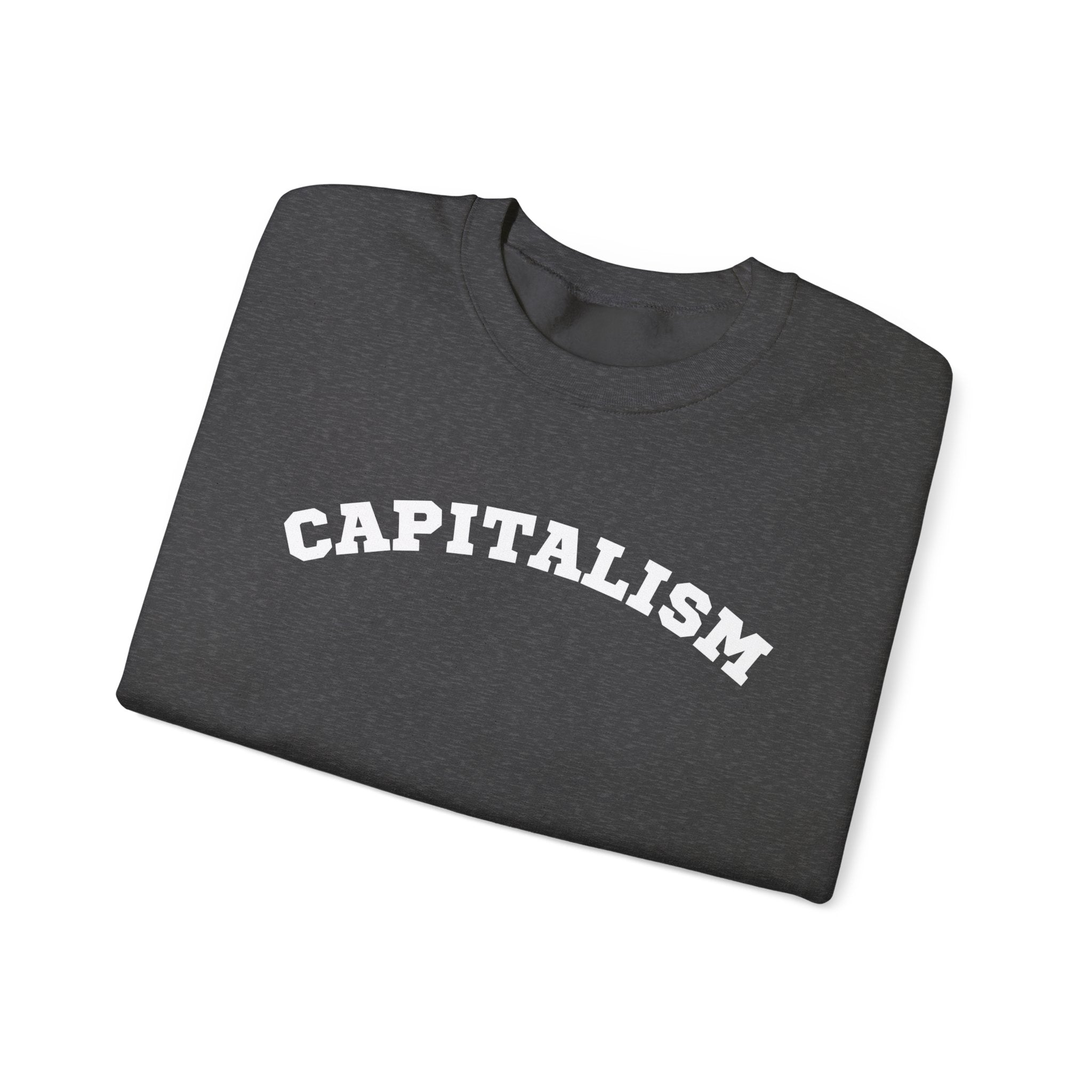 Capitalism Arch Crewneck Sweatshirt — Black Graphic Pullover with Money Bag Sleeve