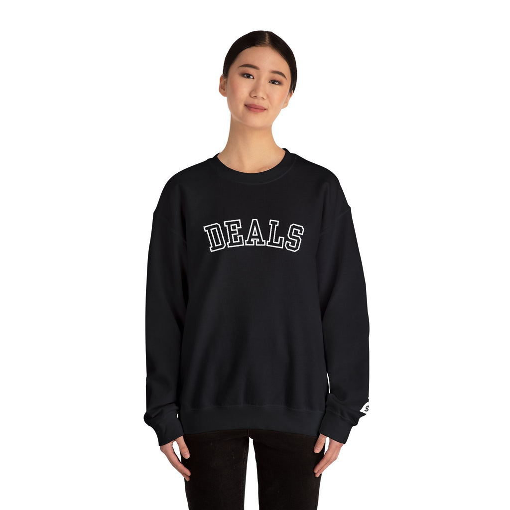 DEALS Crewneck Sweatshirt — Vintage Collegiate Black Pullover