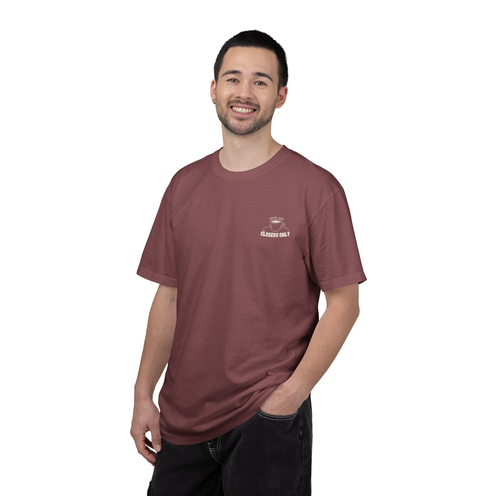 Closers Only Club T-Shirt — Premium Coffee Shop Tee (Back Graphic)