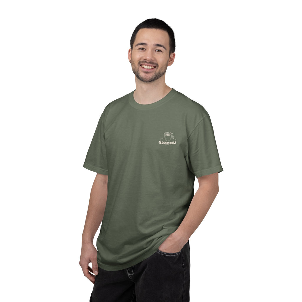 Closers Only Club T-Shirt — Premium Coffee Shop Tee (Back Graphic)