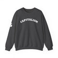 Capitalism Arch Crewneck Sweatshirt — Black Graphic Pullover with Money Bag Sleeve