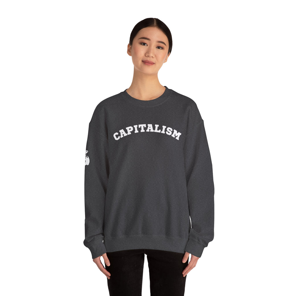 Capitalism Arch Crewneck Sweatshirt — Black Graphic Pullover with Money Bag Sleeve